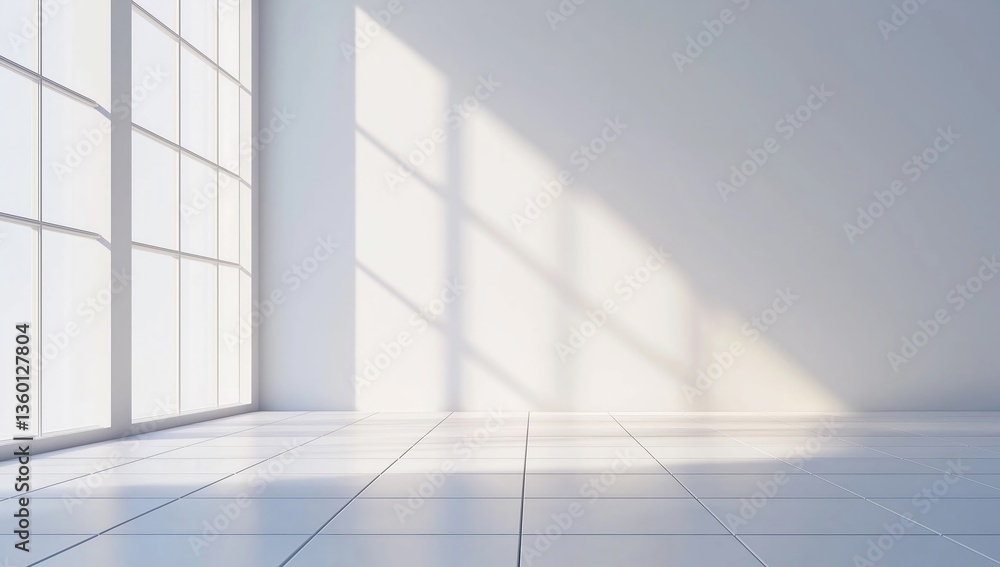 Bright Empty White Room with Sunlight Streaming Through Large Window on Floor Bright Empty White Room with Sunlight Streaming Through Large Window on Floor