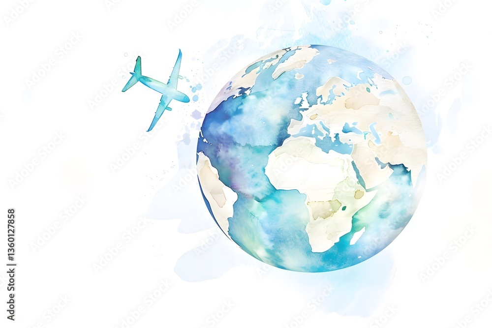 Naklejka premium Watercolor Globe with Airplane