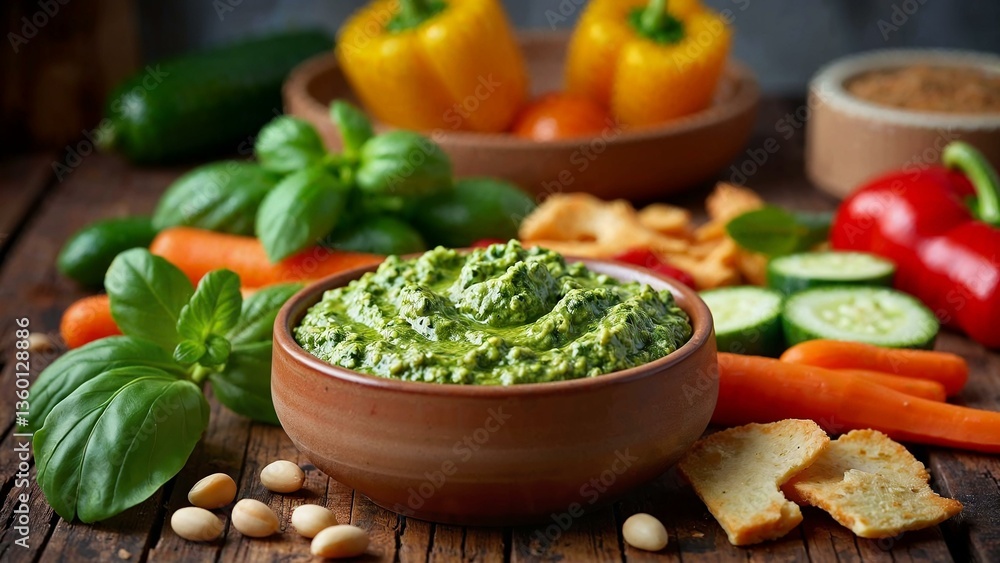 Cozy kitchen with rustic table and vibrant pesto dip surrounded by fresh vegetables Cozy kitchen with rustic table and vibrant pesto dip surrounded by fresh vegetables