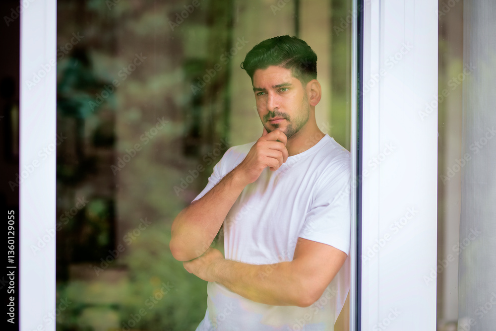 Fototapeta premium Close-up portrait of a handsome man standing by the window