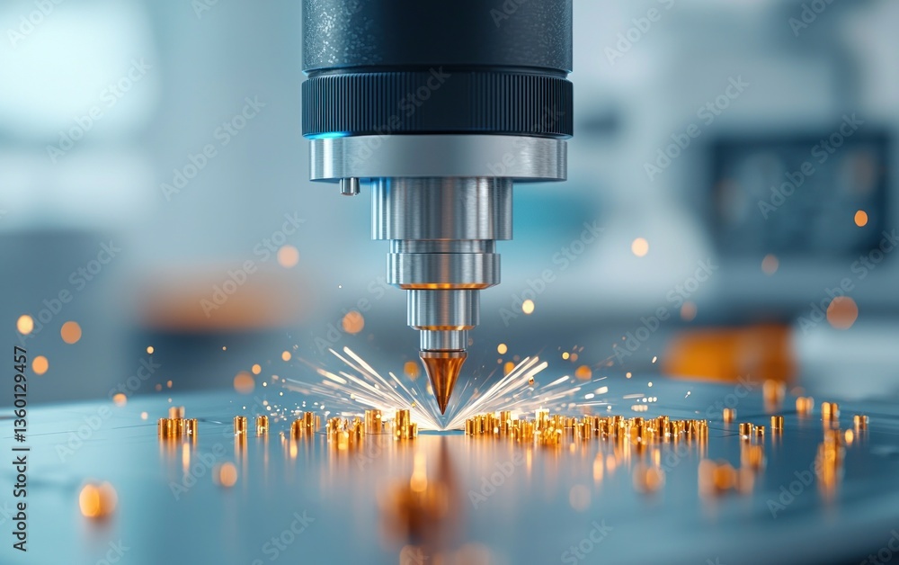 Close-up view of a metallic 3D printer nozzle dispensing molten metal onto a surface, creating sparks and glowing particles. The background is blurred, indicating an industrial setting Close-up view of a metallic 3D printer nozzle dispensing molten metal onto a surface, creating sparks and glowing particles. The background is blurred, indicating an industrial setting