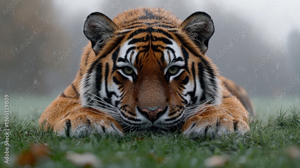 Naklejka premium Majestic tiger in a rainy landscape