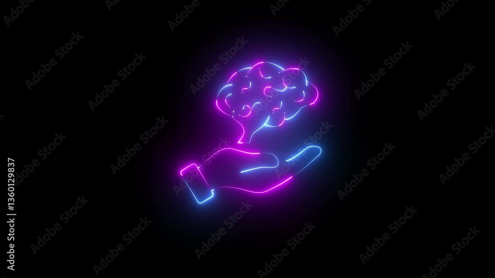 Glowing Neon Brain Icon Isolated on Black Background. human hands brain laser animation. Human hands holding brain icon. human brain. Innovative technologies abstract background brain icon Glowing Neon Brain Icon Isolated on Black Background. human hands brain laser animation. Human hands holding brain icon. human brain. Innovative technologies abstract background brain icon