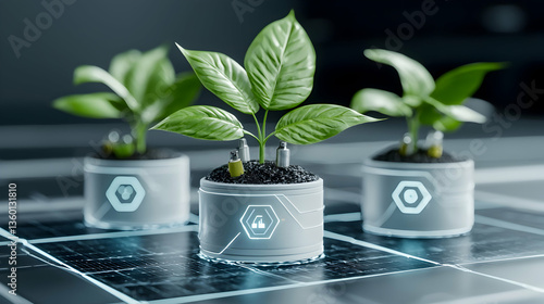 Futuristic plants in tech pots represent eco-friendly power generation. Ideal for sustainable technology advertising promoting green energy and innovation in a visually appealing manner.