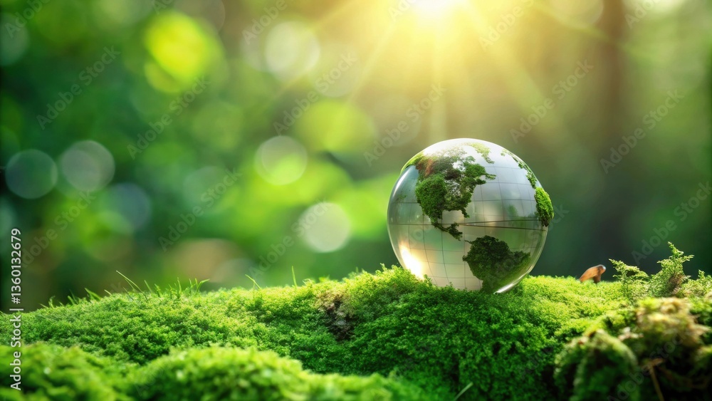 A glass globe rests on vibrant green moss, bathed in sunlight, symbolizing environmental preservation and global sustainability. A glass globe rests on vibrant green moss, bathed in sunlight, symbolizing environmental preservation and global sustainability.