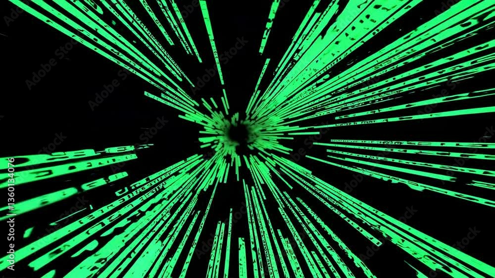 Dynamic neon scifi tunnel with green light streaks in hyperspace travel animation
