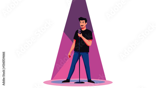 Cantor no palco com microfone sob os holofotes de luz