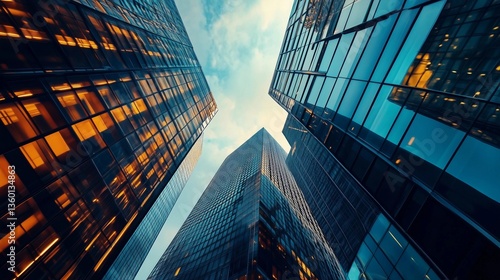 A city skyline with tall buildings and a clear blue sky. The buildings are made of glass and are lit up at night. Scene is one of modernity and sophistication
