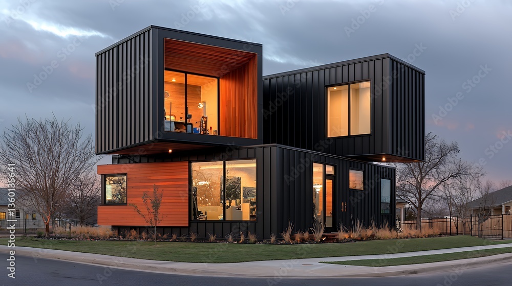 Obraz premium Modern Shipping Container Home with Warm Wood Accents at Dusk
