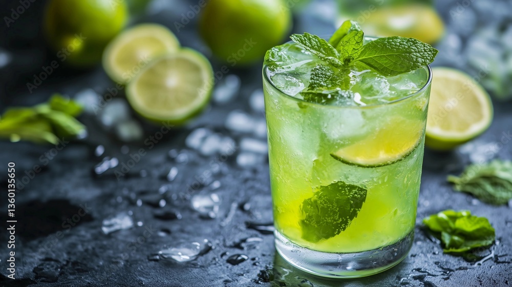 A glass of green drink with a lime wedge on top. The drink is served in a glass with ice cubes in it A glass of green drink with a lime wedge on top. The drink is served in a glass with ice cubes in it
