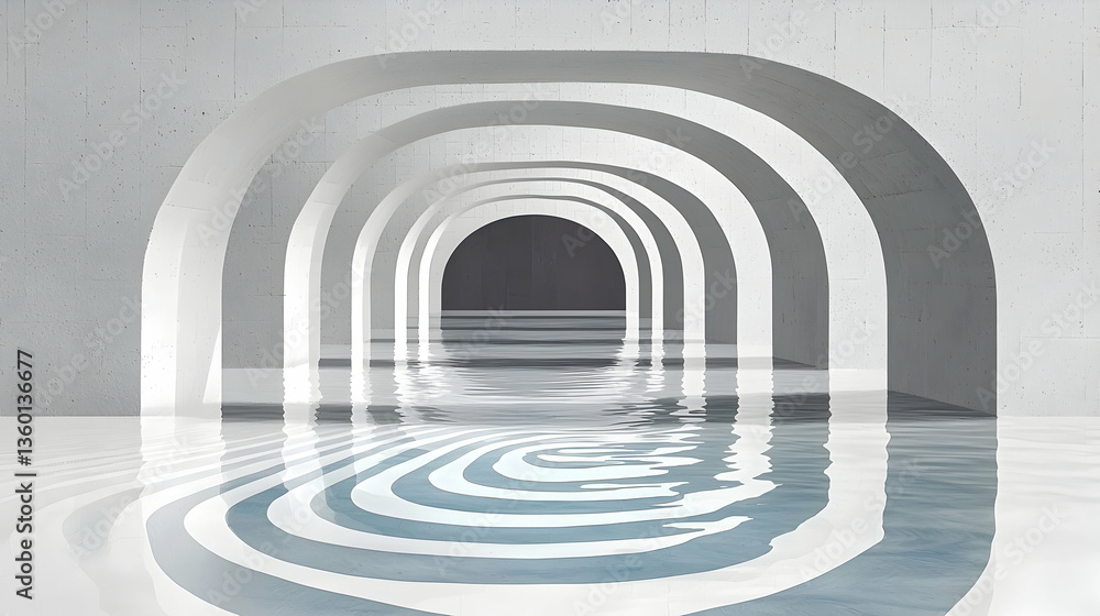 Naklejka premium An architectural design with repeating arches. The water adds a serene and reflective quality. Suggests a minimalist design space or peaceful ambiance.