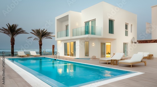 Modern Two Story White Villa with Pool and Ocean View Under a Cloudy Sky
