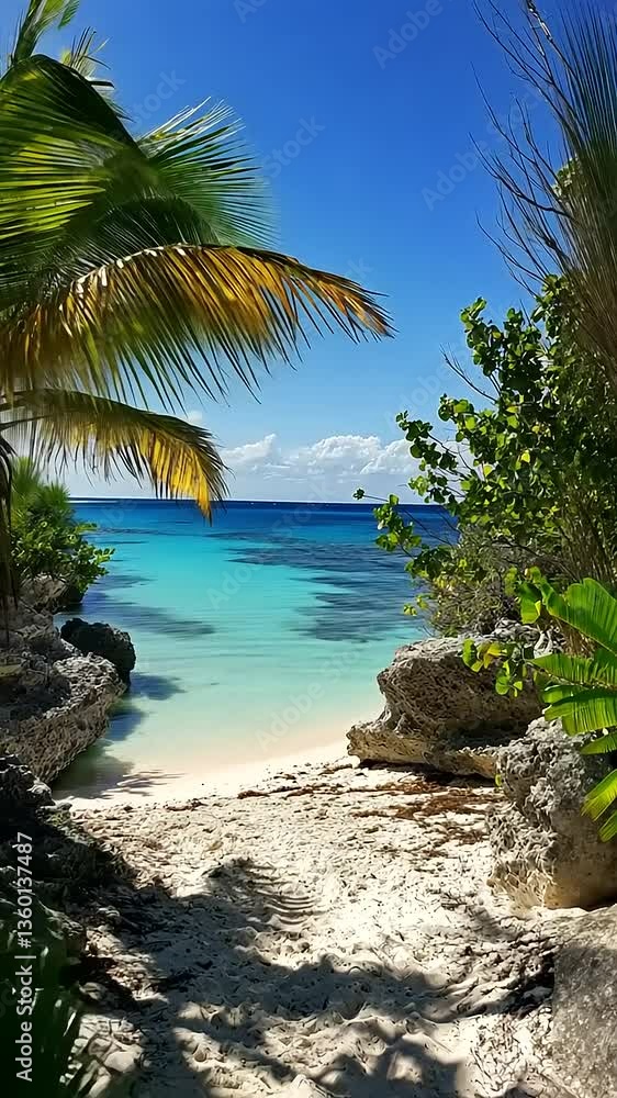 Tropical beach scene with clear turquoise water, palm trees, and rocky shoreline under a sunny sky Tropical beach scene with clear turquoise water, palm trees, and rocky shoreline under a sunny sky