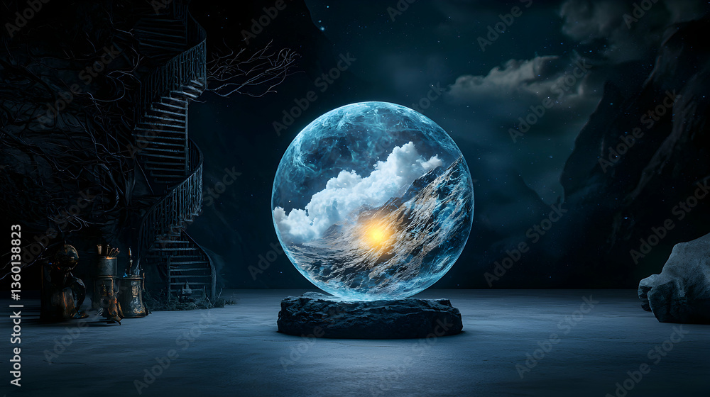 Mystical scene with a crystal ball showcasing a landscape. Perfect for fantasy art promotional material or book covers. Suggest for immersive game environments or digital art. Mystical scene with a crystal ball showcasing a landscape. Perfect for fantasy art promotional material or book covers. Suggest for immersive game environments or digital art.