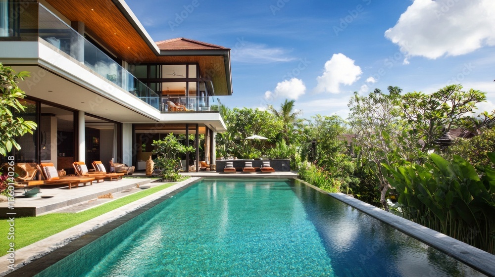 Fototapeta premium Luxury villa retreat with scenic pool and lush gardens bali architecture photography tropical paradise panoramic view