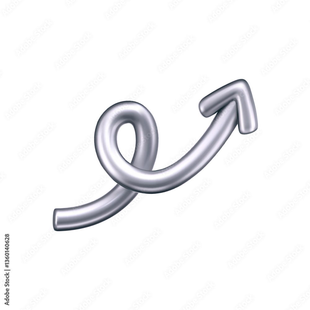 Obraz premium 3D chrome doodle arrow in Y2K style, isolated on a dark background. Render of 3D chrome liquid curve and swirl arrow, rotating up, down, and right with a metal silver effect. 3D vector Y2K figure