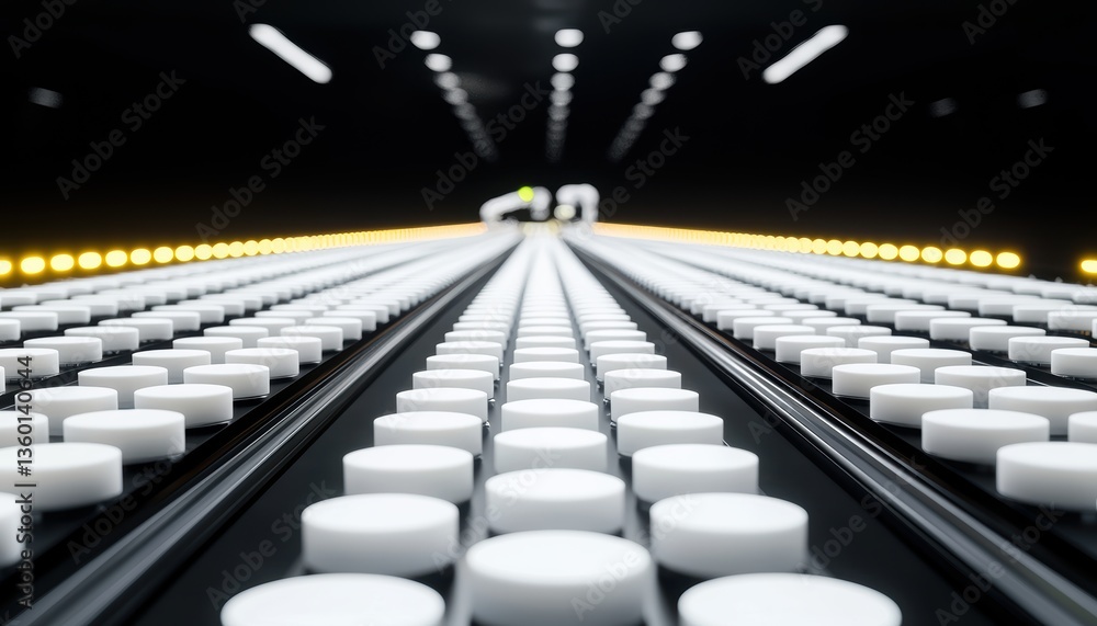Obraz premium A perspective view of a conveyor belt lined with white circular objects, illuminated by warm lights, creating a striking visual effect.