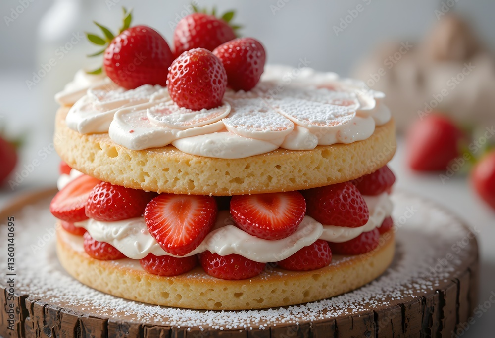 Elegant Strawberry and Cream Sponge Cake on Rustic Wooden Board Elegant Strawberry and Cream Sponge Cake on Rustic Wooden Board