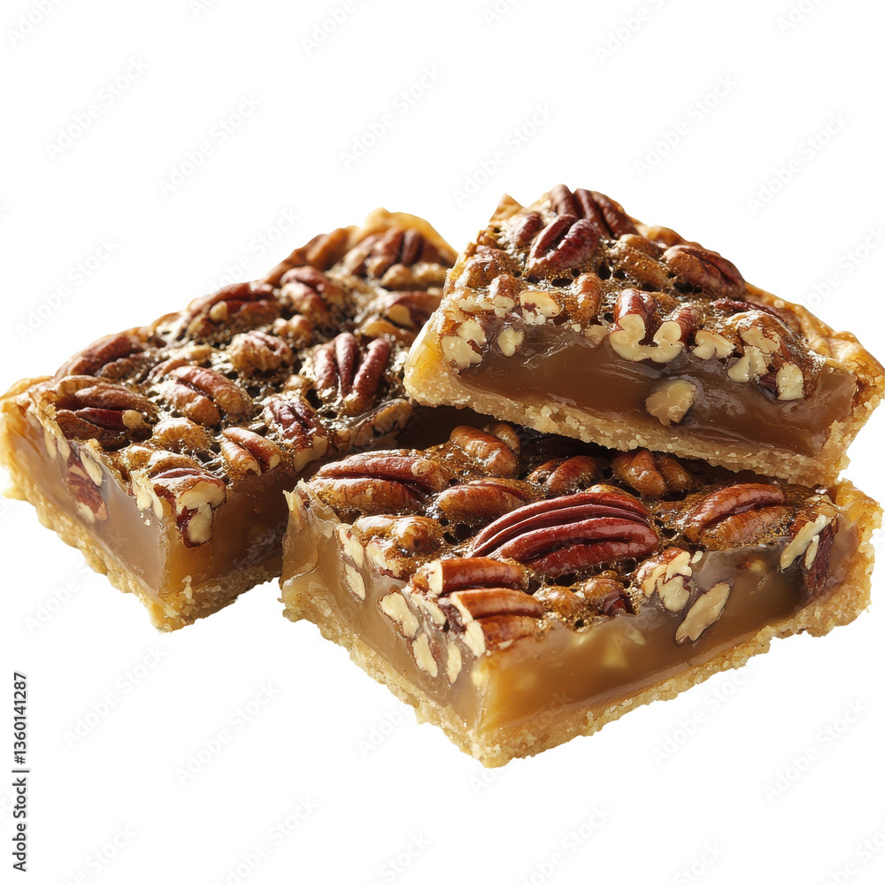 Delicious pecan caramel squares stacked on a white background, showcasing rich textures Delicious pecan caramel squares stacked on a white background, showcasing rich textures
