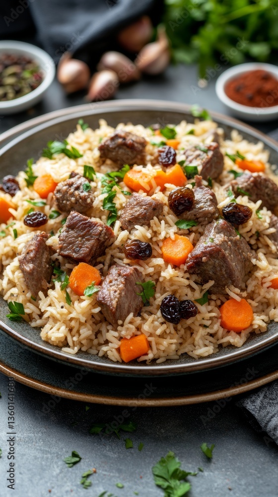 Delicious traditional Uzbek pilaf with tender lamb, colorful carrots, and sweet raisins served on a beautifully patterned ceramic plate Delicious traditional Uzbek pilaf with tender lamb, colorful carrots, and sweet raisins served on a beautifully patterned ceramic plate