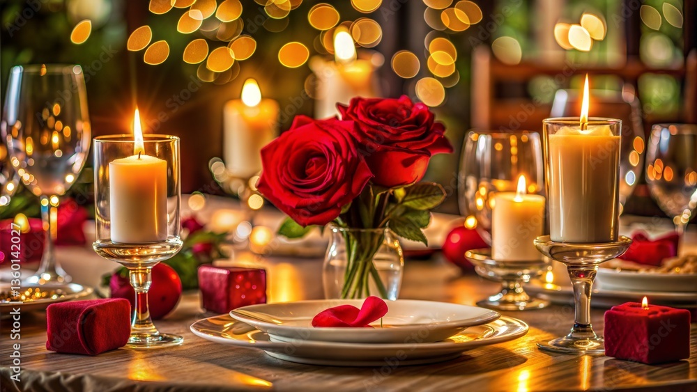 Romantic Candlelit Dinner Table Setting with Roses and Bokeh Lights Ambiance Romantic Candlelit Dinner Table Setting with Roses and Bokeh Lights Ambiance
