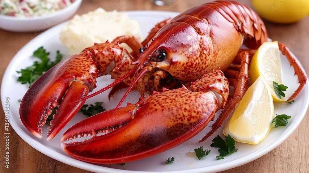 Whole Canadian lobster served with melted butter and garnished with lemon and coleslaw, enjoyed by the seaside Whole Canadian lobster served with melted butter and garnished with lemon and coleslaw, enjoyed by the seaside