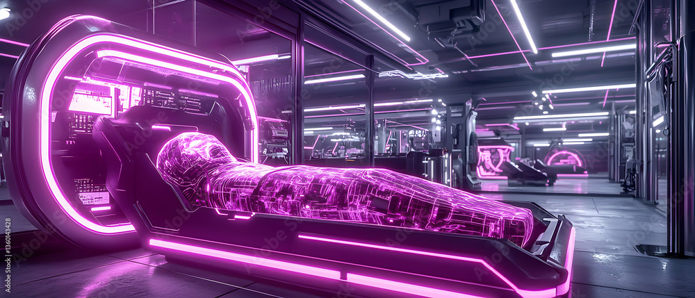 Futuristic medical bay scene featuring a person in a neon-lit pod. The image evokes a sense of technological advancement for medical treatments. It could be used for sci-fi concepts. Futuristic medical bay scene featuring a person in a neon-lit pod. The image evokes a sense of technological advancement for medical treatments. It could be used for sci-fi concepts.