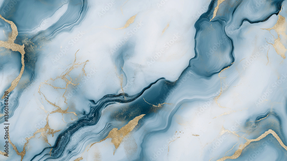 Fototapeta Hyper-realistic watercolor marble design with gold veins in dusty blue and white, captured in an ultra-wide angle for a cinematic, detailed, and elegant visual aesthetic