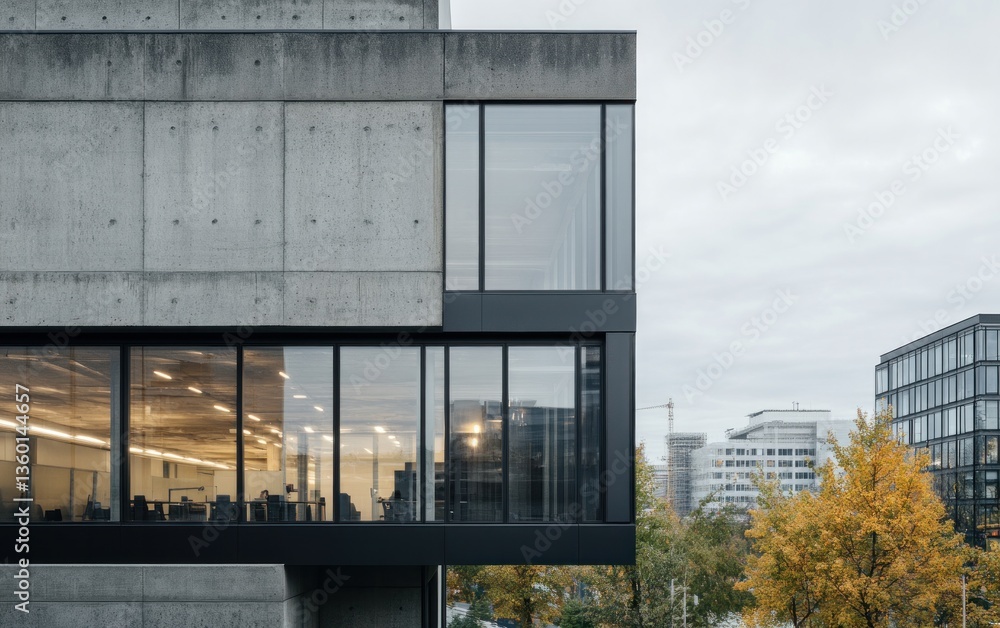 Fototapeta premium Modern concrete building with large windows, showcasing an interior workspace. Autumn foliage is visible in the background. The image has a neutral color palette
