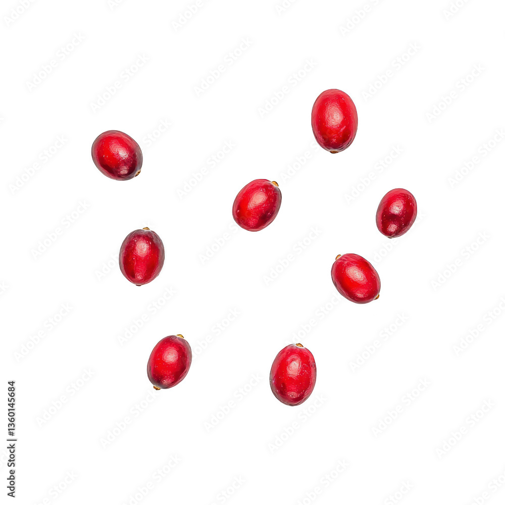 A Vibrant red coffee cherries scattered transparency background, showcasing their glossy texture and ripe appearance. These cherries are raw fruit of coffee plant, each containing seeds that are A Vibrant red coffee cherries scattered transparency background, showcasing their glossy texture and ripe appearance. These cherries are raw fruit of coffee plant, each containing seeds that are