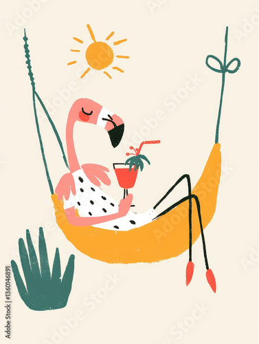 playful doodle illustration of flamingo relaxing in hammock, enjoying tropical drink under sunny sky. scene evokes cheerful and carefree vibe
