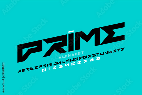 PRIME. Modern style font, alphabet letters and numbers vector illustration
