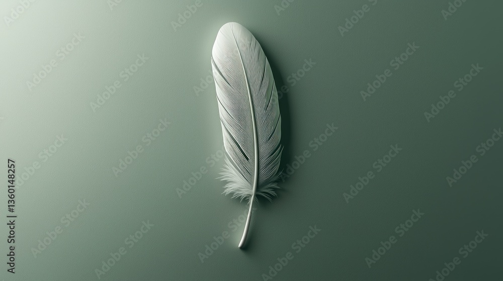 Elegant white feather on muted green background Elegant white feather on muted green background