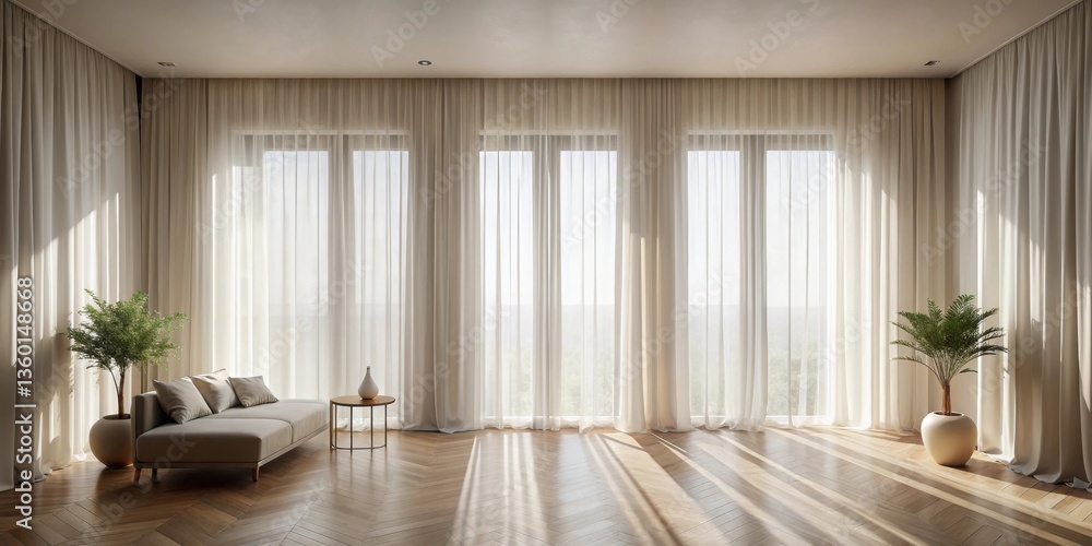 Fototapeta premium Serene Sunlight Illuminates a Minimalist Living Space Featuring Sheer Curtains, Hardwood Floors, and a Comfortable Sofa