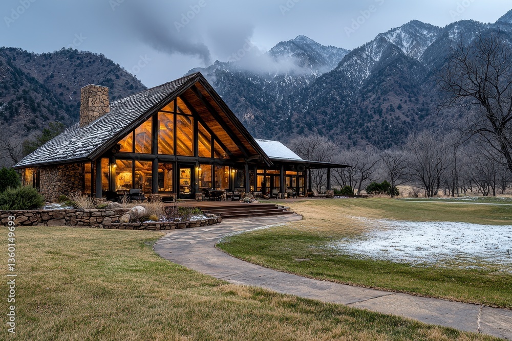 Illuminated Mountain Lodge in Snowy Landscape at Dusk Illuminated Mountain Lodge in Snowy Landscape at Dusk