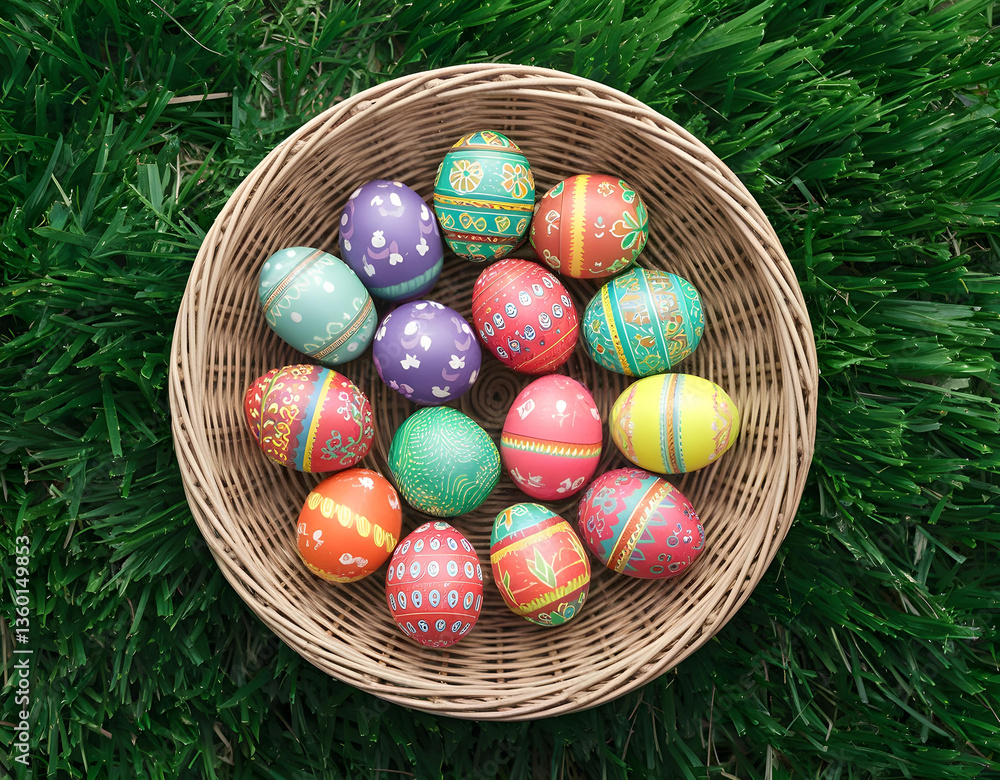 Top view of Easter eggs with colorful patterns, displayed in a wicker basket, spring on the grass