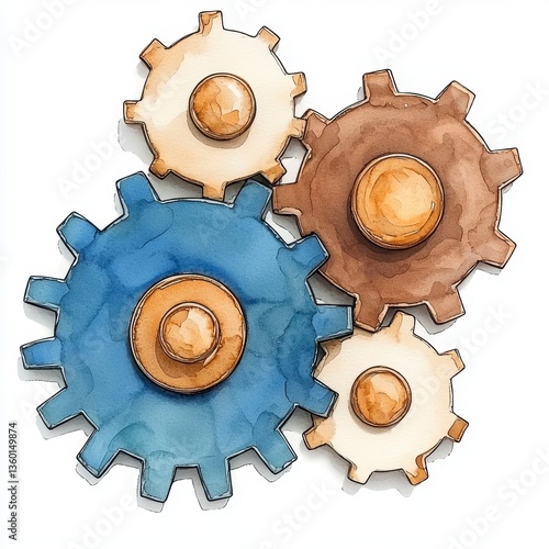 Interlocking Watercolor Gears Blue, Brown, and Beige