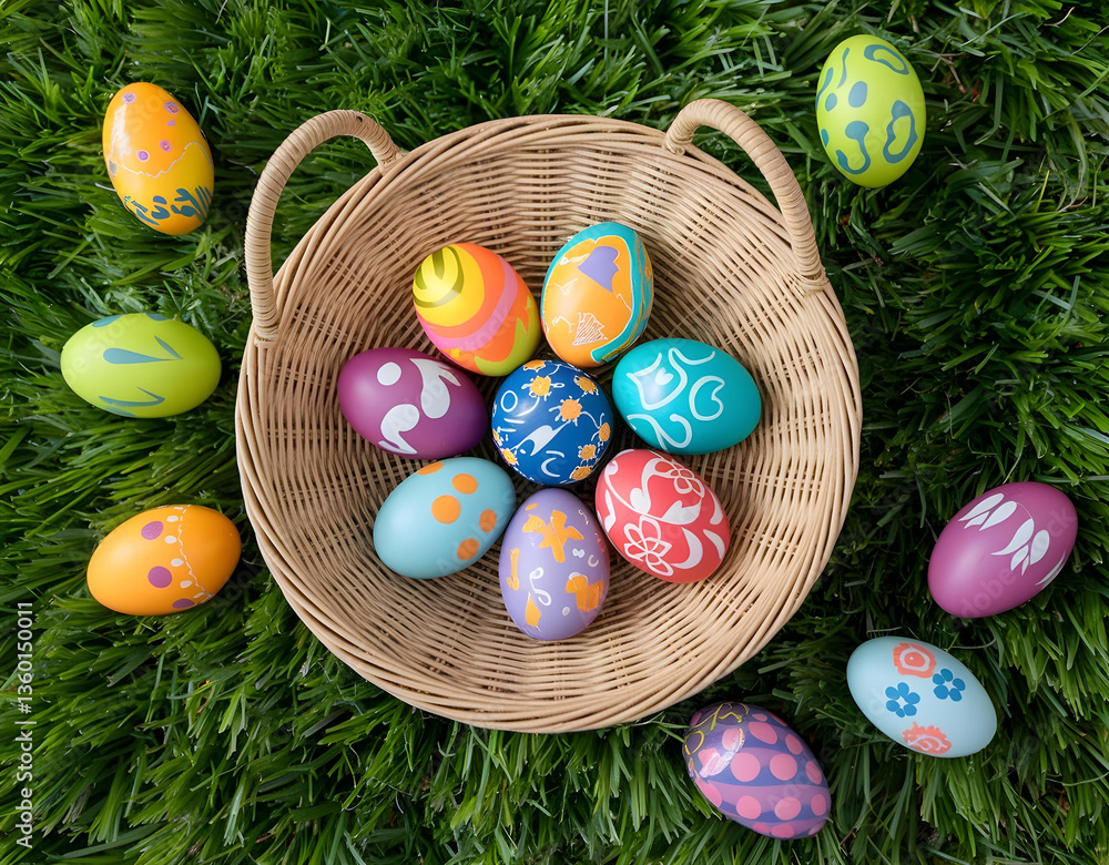 Top view of Easter eggs with colorful patterns, displayed in a wicker basket, spring on the grass