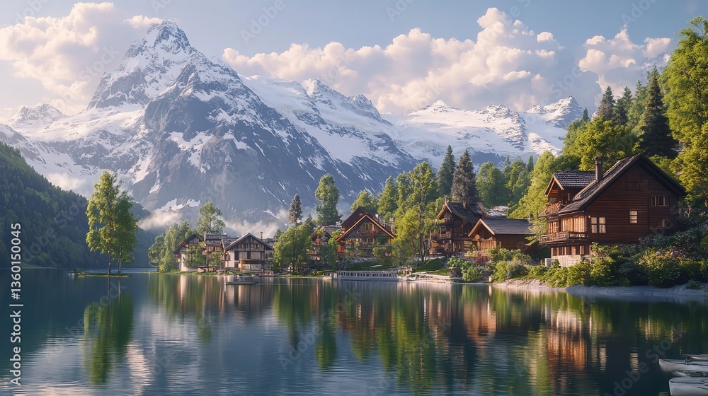 Naklejka premium Swiss Town by the Lake: A Cartoon Landscape Illustration with the Majestic Alps as Backdrop