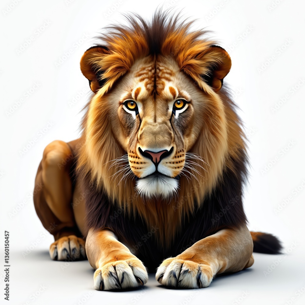 Fototapeta premium Majestic illustration of lion lying down with piercing gaze. King of beasts on white background. Detailed portrait, perfect for graphic design, zoo, safari projects. Conceptual art uses, wild animal