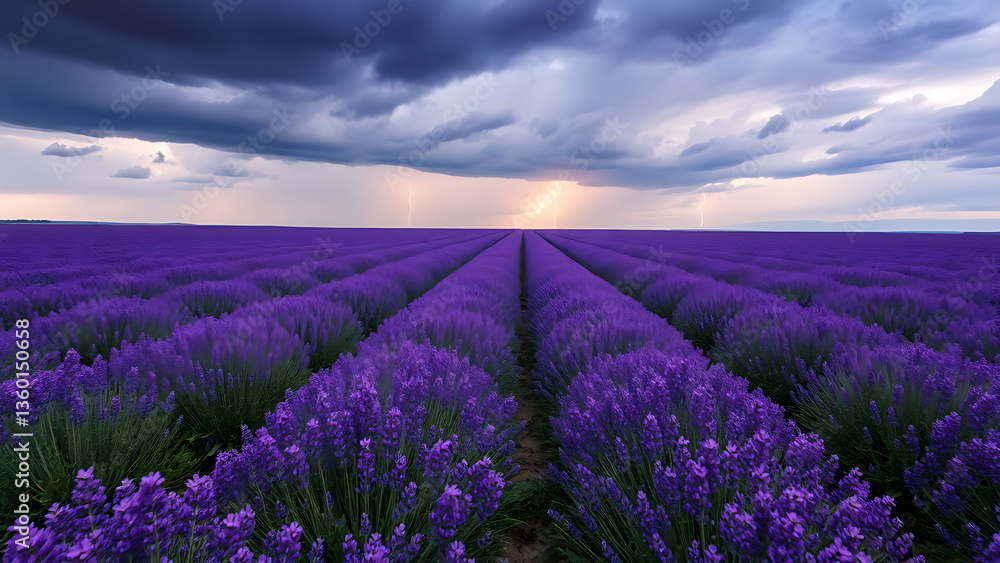 Obraz premium Endless Lavender Fields Under Stormy Sky Lightning Glow