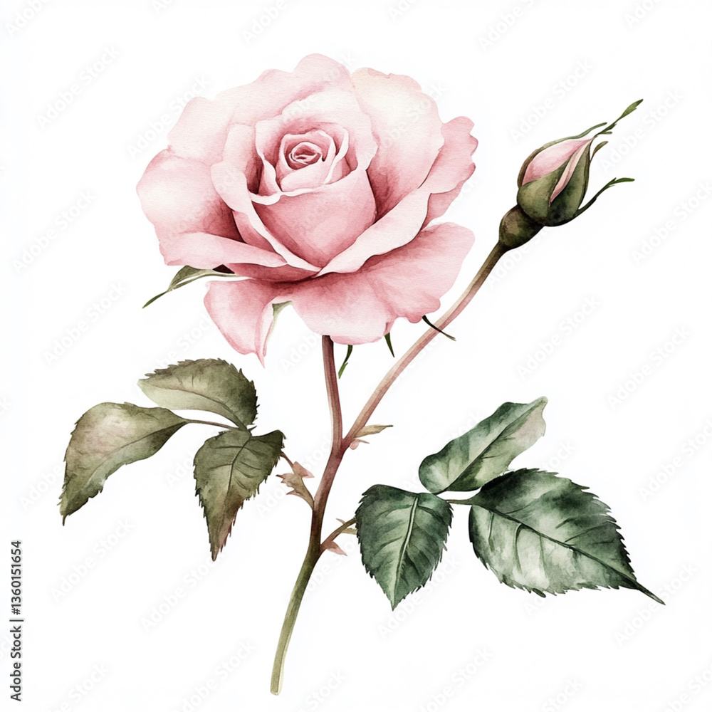 Obraz premium A delicate pink rose watercolor painting with soft petals and green leaves.