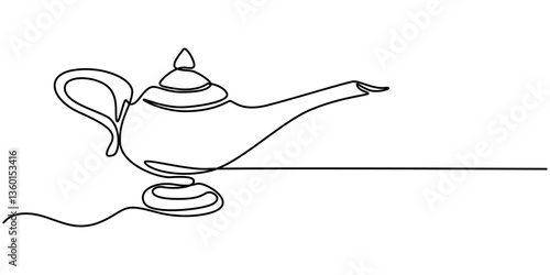 continuous line of aladin's lamp.single line of classic aladin's lamp vector.drawing one line isolated on white background, one line drawing magical lamp antique object vector illustration template.