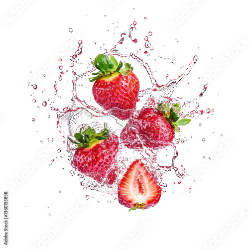 A Fresh strawberries splash in mid air, surrounded by water droplets, creating dynamic and refreshing scene. vibrant red of strawberries contrasts with clear water, highlighting their juicy texture