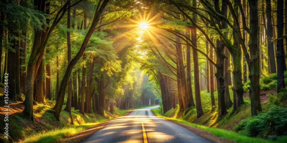 Obraz premium Sunbeams Illuminate a Winding Road Through a Lush Green Forest