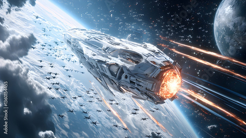 Fototapeta Naklejka Na Ścianę i Meble -  Epic space battle scene. Large starship flanked by fighters blasting towards a planet. Use for sci-fi games posters or book covers.