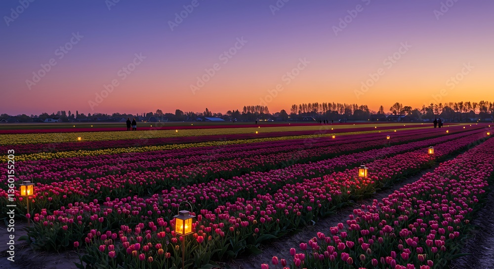 Fototapeta premium Romantic Tulip Fields at Sunset, Lit by Warm Lanterns