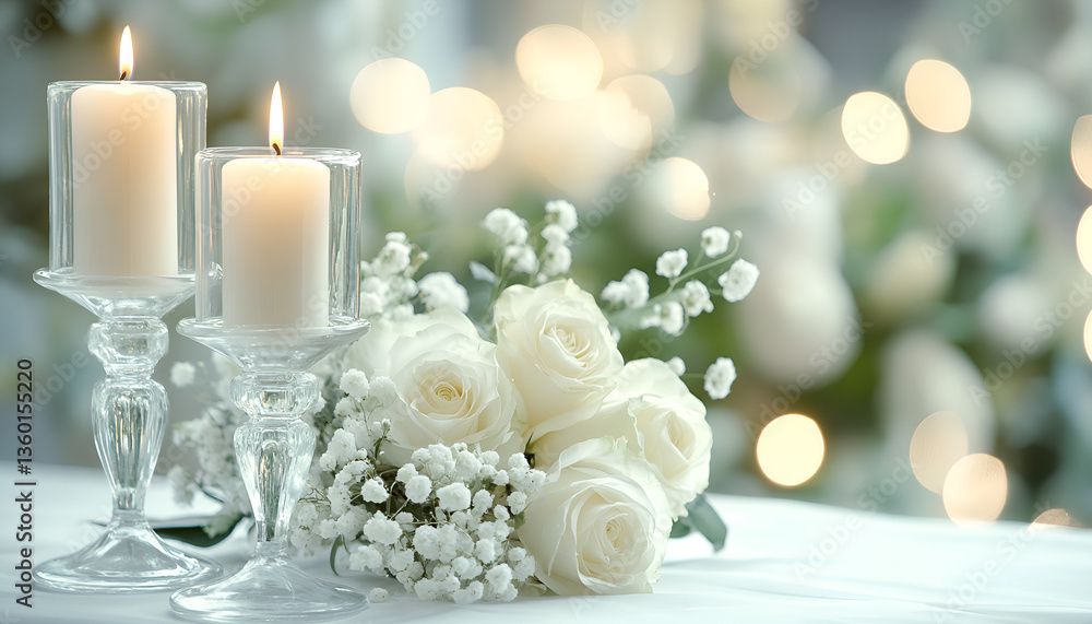 Obraz premium Silver Candlesticks with Lit Candles Surrounded by White Flowers for Passover Pesach Celebration. Copy space