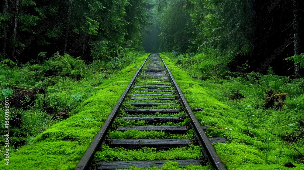 Overgrown Railroad Tracks in a Lush Green Forest Overgrown Railroad Tracks in a Lush Green Forest
