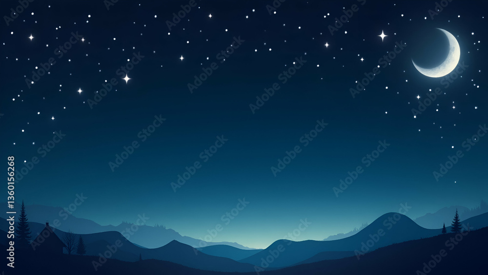 Gentle Twinkling Stars and Crescent Moon Border: Serene Copy Space for New Year Wishes in Photo Stock Concept with Empty Space on the Left Side Gentle Twinkling Stars and Crescent Moon Border: Serene Copy Space for New Year Wishes in Photo Stock Concept with Empty Space on the Left Side